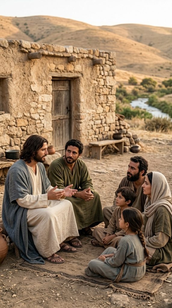 Jesús y un apóstol enseñando a una familia