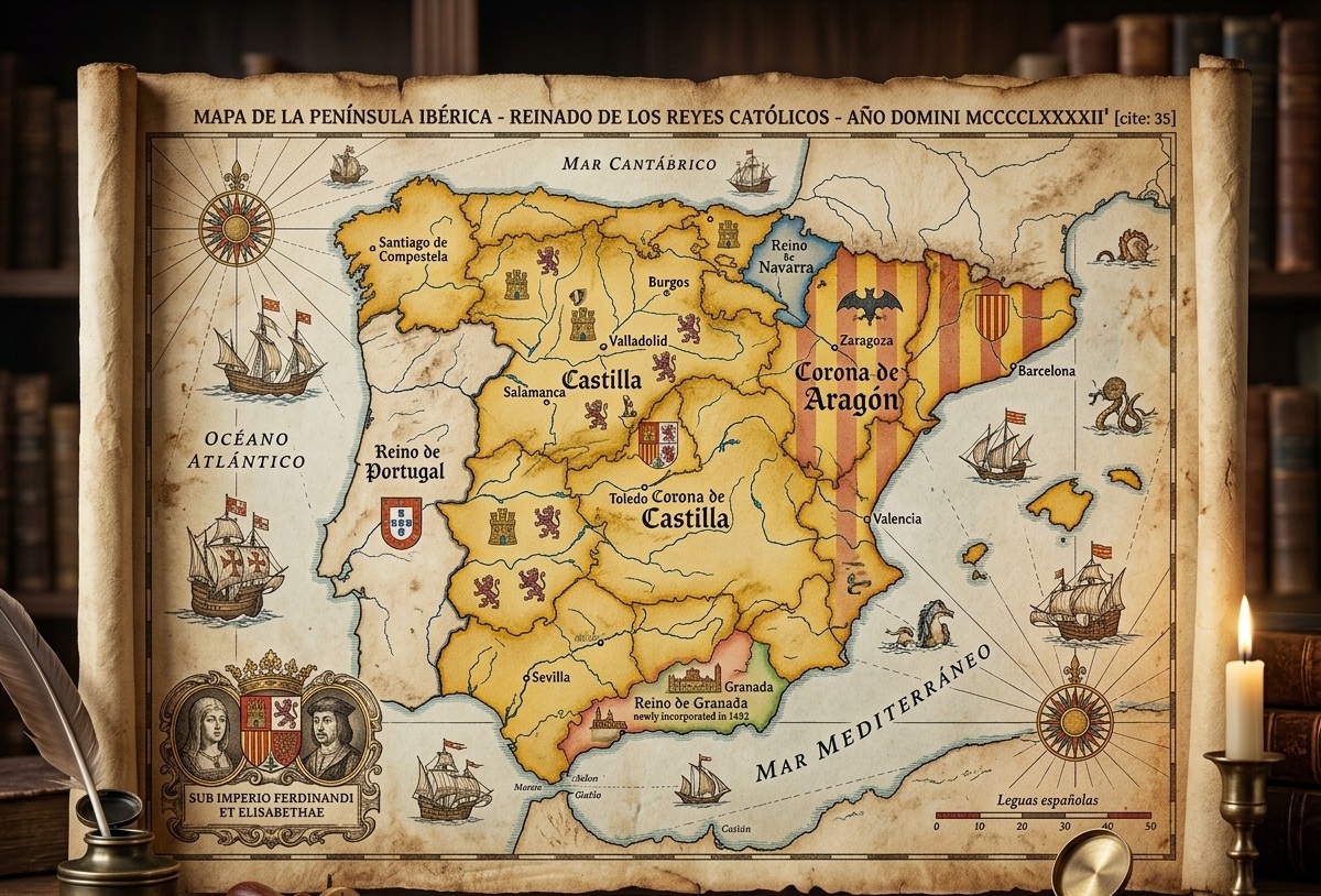 Mapa de España en el periodo de los Reyes Católicos