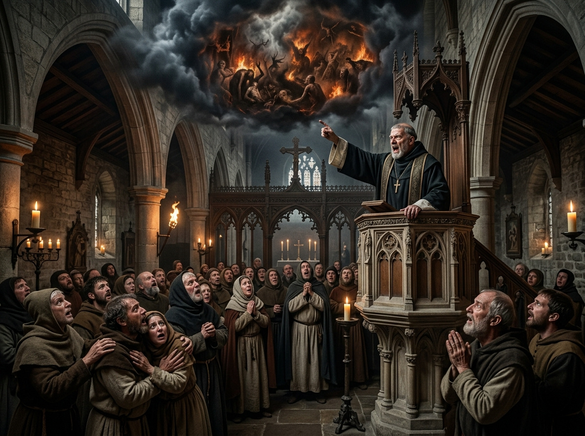 Sacerdote hablando del infierno de tormento a los feligreses