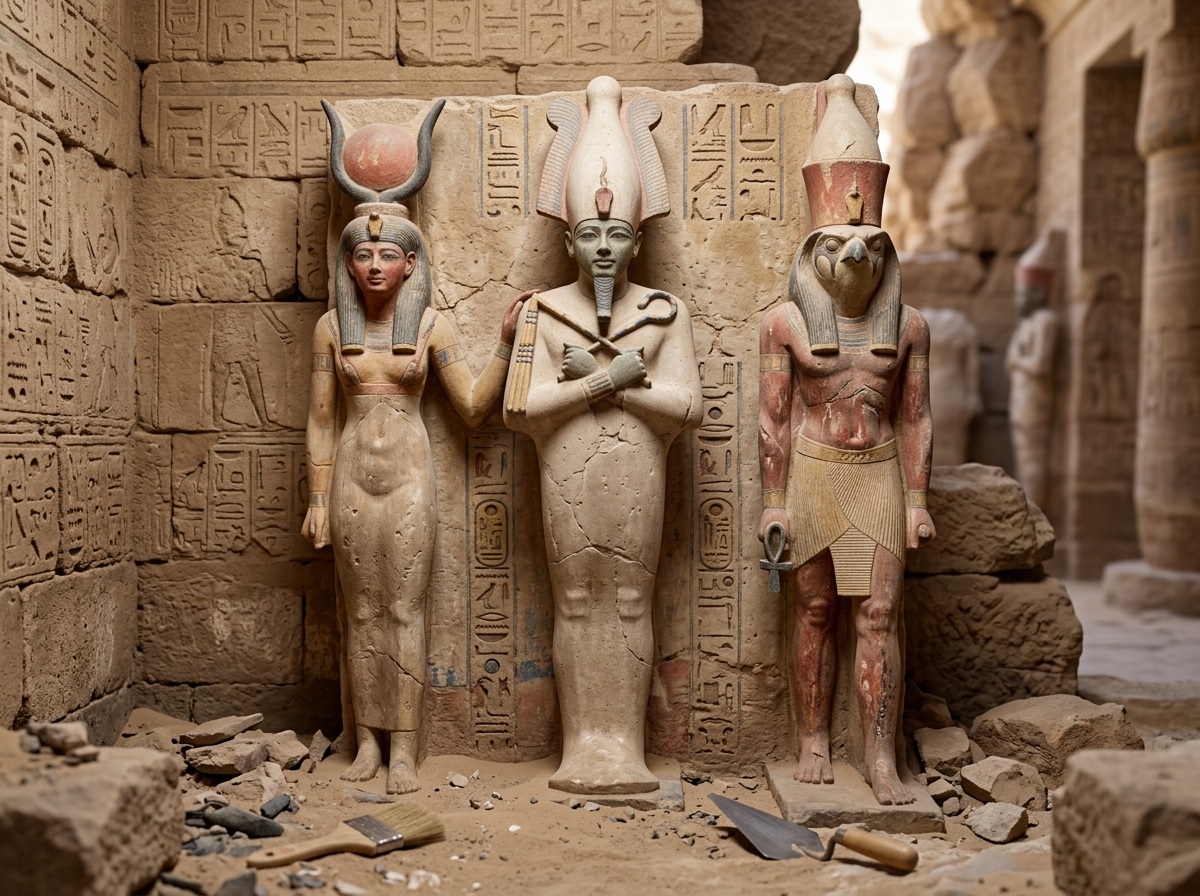 Triada egipcia Osiris, su esposa Isis y su hijo Horus