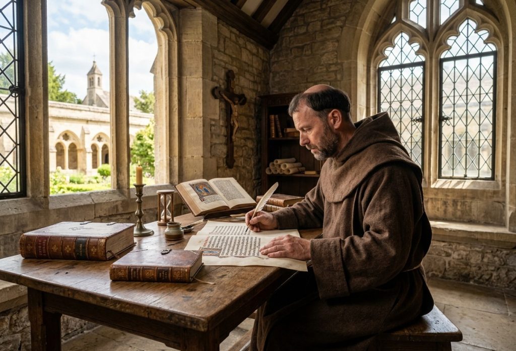monje escribiendo en un monasterio