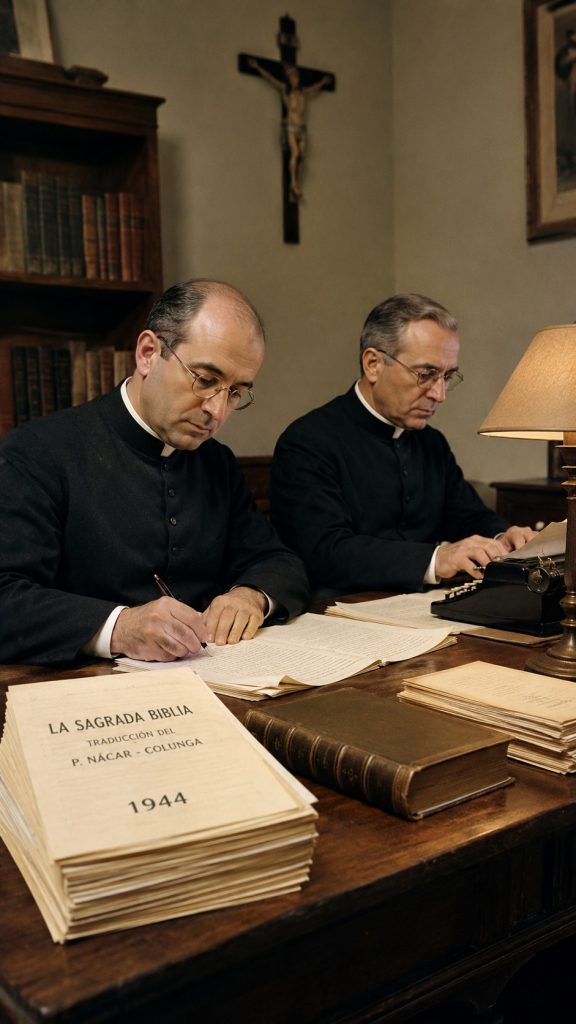 1944.Eloíno Nácar Fuster y Alberto Colunga escribiendo la traducción de la Biblia, Nacar Colunga