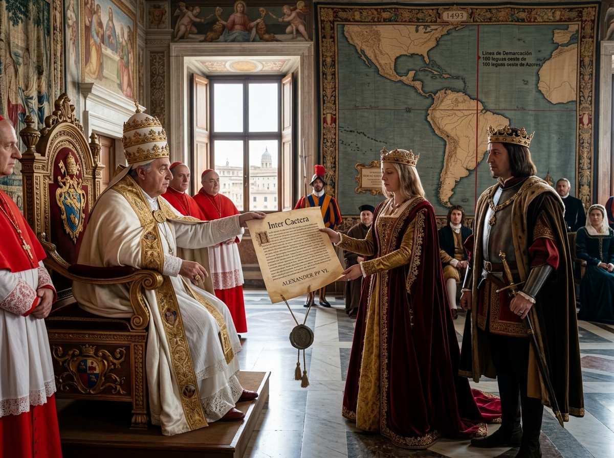 La bula papal Inter Caetera por el Papa Alejandro VI a los Reyes Católicos en 1493